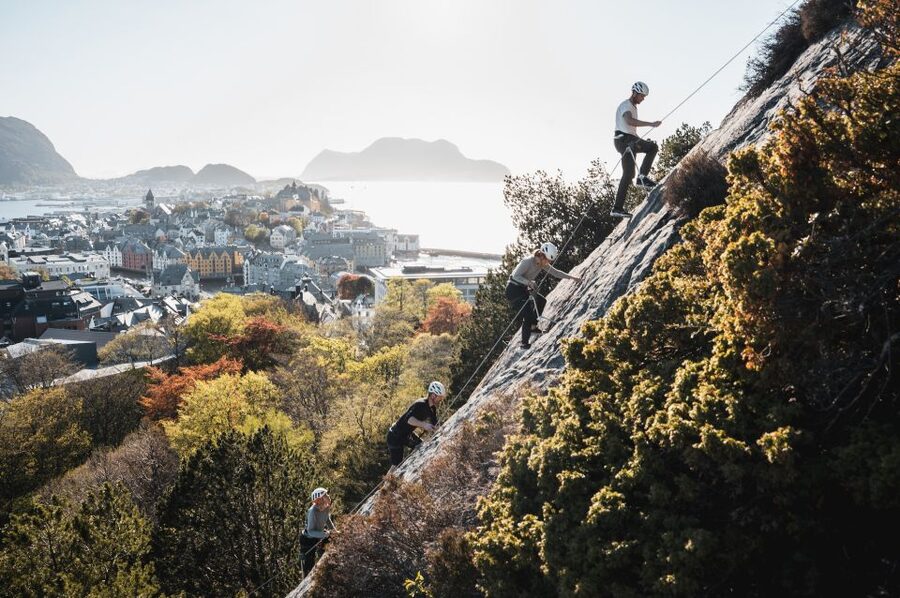 Ålesund: Via Ferrata tour - The wall-side bench and the best photo stop