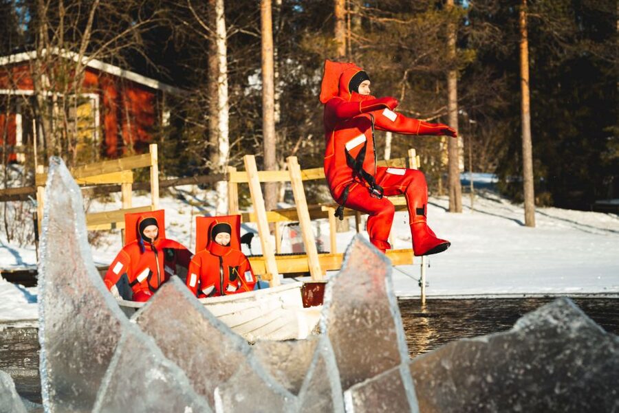 Daytime Ice Floating Rovaniemi, Frozen Lake Experience - Getting ready in the thermal rescue suit