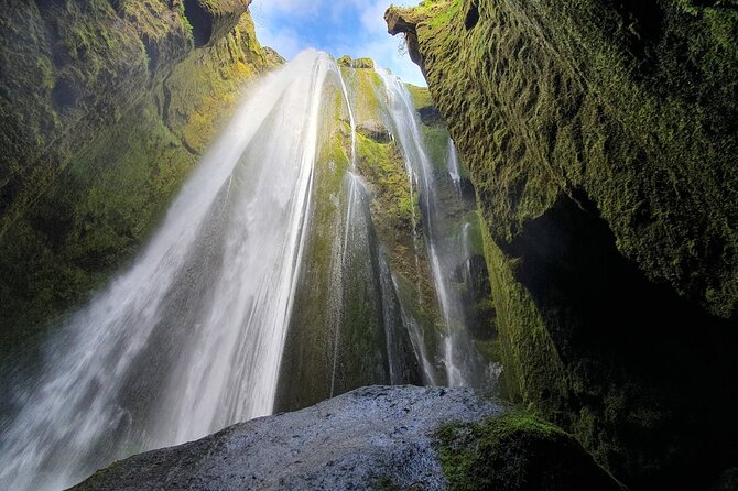 South Coast Waterfall, Black Beach, Glacier Adventure Small Group - Gljúfrabúi: a short walk to a tucked-away waterfall